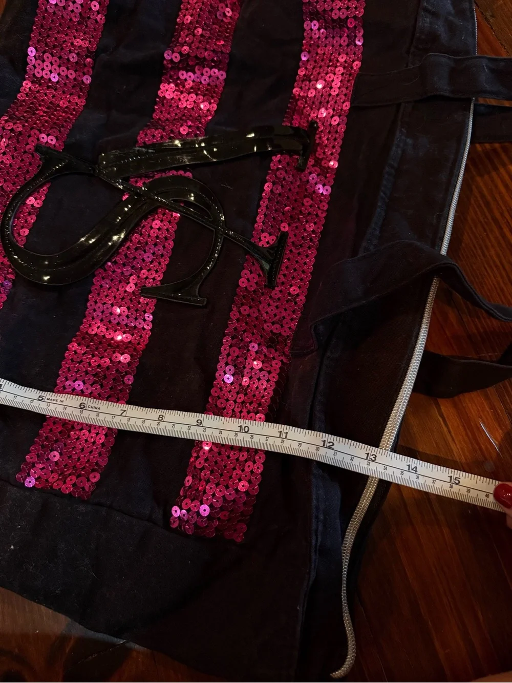 Victoria's Secret Black Tote with Hot Pink Sequin Stripes
